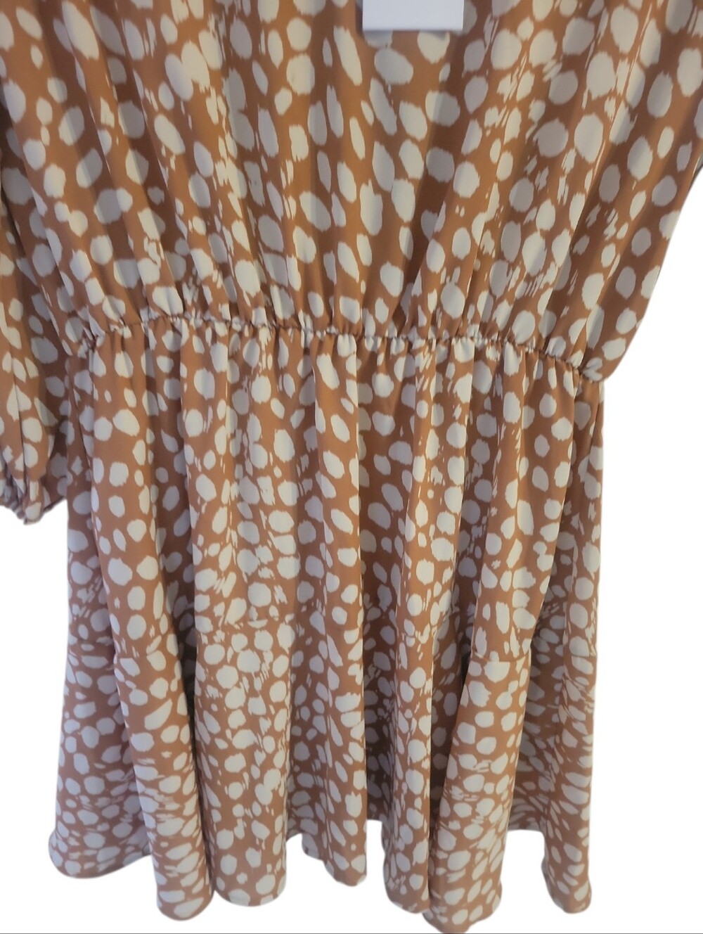 Adrienne Beige & Cream 3/4 Sleeve V-Neck Polka Dot Smock Elastic Waist Dress L - Picture 3 of 6